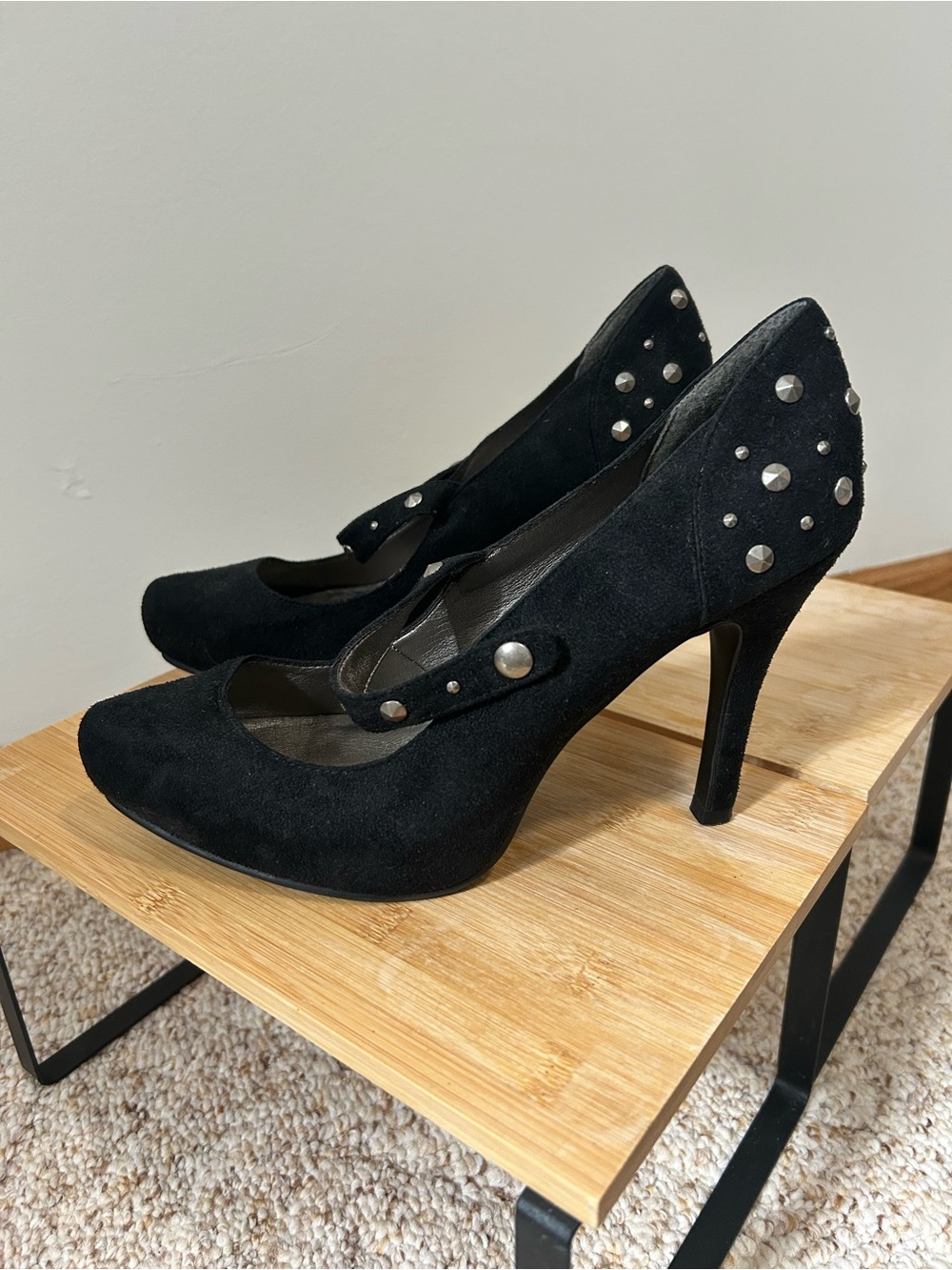 Candie's Black Suede Mary Jane Stud Heel Pumps